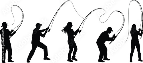 Fishing silhouettes collection, anglers casting fishing rod catching fish outdoor hobby activity men and woman isolated black vector illustration