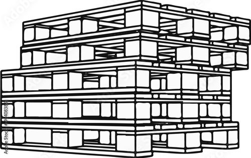 Stacked wooden cargo platforms are shown in an angled, stylized line art
