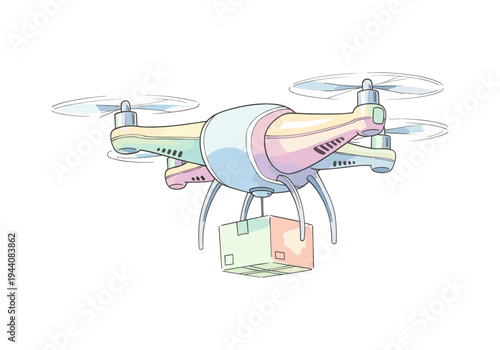 Modern drone delivering a package with its propellers spinning in a pastel color scheme