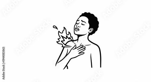 Person clutching chest with flame bursts and drops of liquid