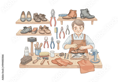 Skilled cobbler meticulously repairs a leather shoe with various tools and materials