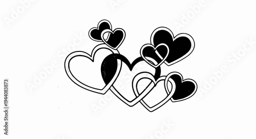 Intertwined black and white hearts, some solid, some outlined, in a cluster
