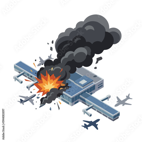 isometric vector flat of an airport damaged by fire from a missile attack 001
