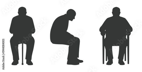 Black Elderly Person Silhouettes — Seated on Chair, Hunched Sitting, and Wheelchair Poses