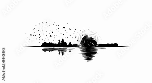 Stylized silhouette of birds, trees, and a sunlit mountain reflected in water