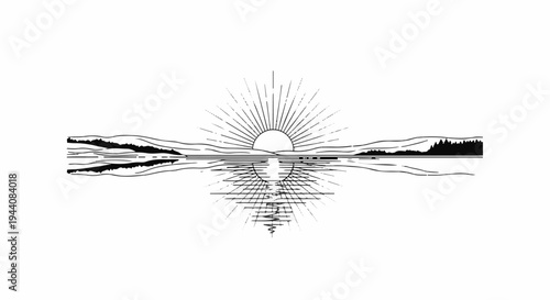 Stylized sun bursts over a tranquil lake, reflecting its light