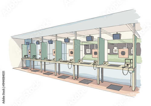 Indoor shooting range with multiple target lanes and electronic scoring systems