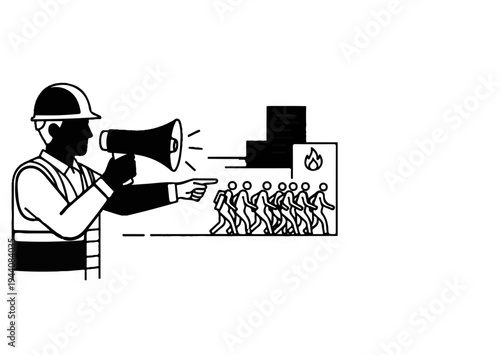 Person in hard hat and vest directs fleeing figures from a burning building with a megaphone