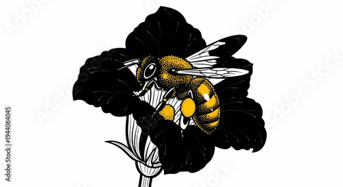 Stylized bee pollinates a dark flower with yellow accents
