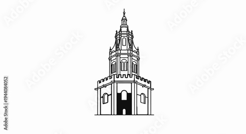 Intricate line drawing of a historical tower with crenellated base and spire