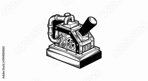 Intricate mechanical device with exposed gears and pipes