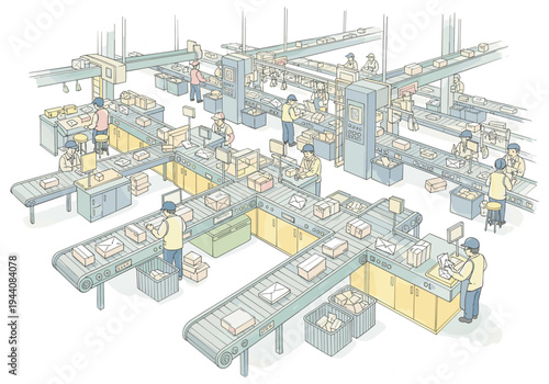 Busy postal sorting facility with workers and automated conveyor belts processing packages