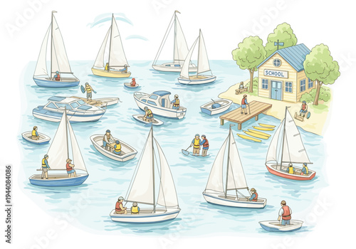 Diverse watercraft and people enjoying a sunny day at a sailing school