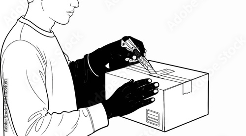 Person wearing gloves carefully cuts open a cardboard box with a utility knife