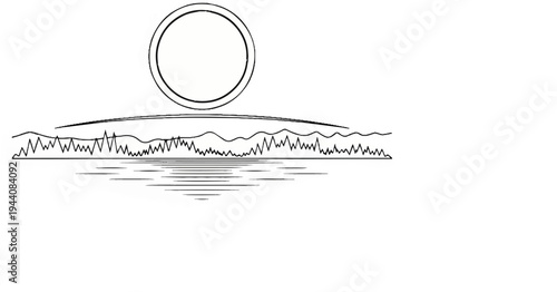 Stylized black and white abstract depiction of a moon over a jagged horizon reflected in water