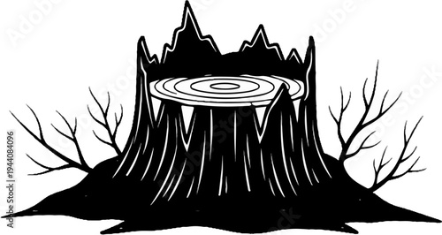 Stylized tree stump with bare branches and jagged top in black and white