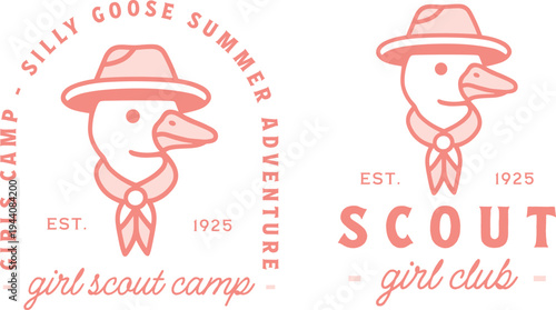 Girl scout camp summer camping group silly goose camper badge pink logo shirt design bundle pack. Funny animal retro vintage preppy girly aesthetic friends party adventure trip printable illustration.