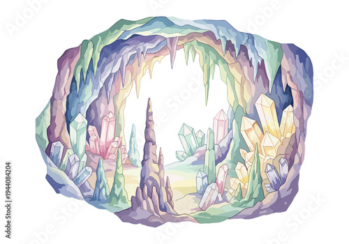 Enchanting cave interior filled with colorful crystals and stalactites, a magical underground landscape