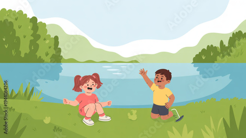 Two children playing happily by serene lake with green hills and trees under a blue sky with white clouds