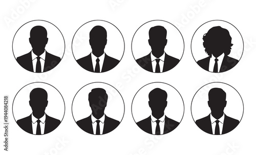 Set of black user profile avatars with suit in a circle, business people icons, vector illustration