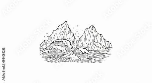 Jagged peaks rise above crashing waves, with small circles denoting spray