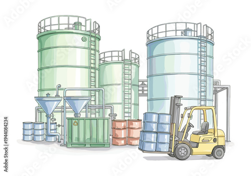 Industrial storage tanks and forklift with barrels at a manufacturing facility
