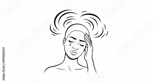 Stylized black and white illustration of a distressed woman with her hand on her forehead