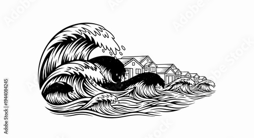 Large waves crash over houses, illustrating a powerful ocean surge