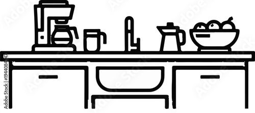 Kitchen counter with coffee maker, sink, pitcher, and fruit bowl below