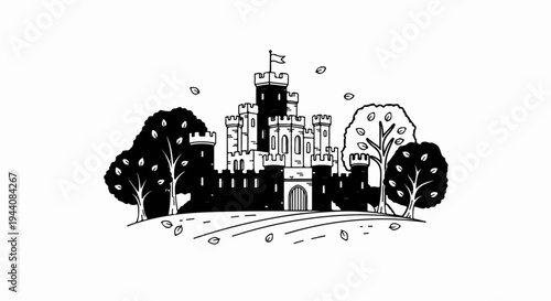 Stylized black and white illustration of a castle with trees and falling leaves