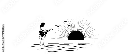 Pregnant woman plays guitar on a beach as sun sets over the ocean