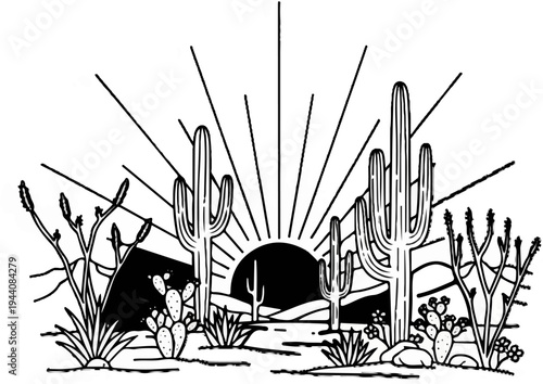 Sun rising over a desert landscape with saguaro and prickly pear cacti