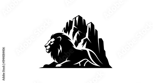 Lion resting beside mountain silhouette