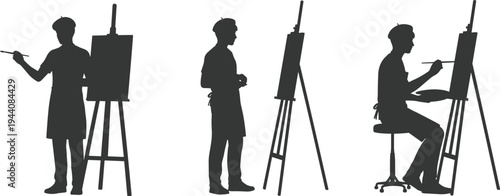 Black Artist Painting at Easel Silhouettes — Standing, Observing, and Seated Painting Poses