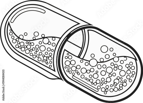Line art illustration of a two-part capsule filled with small, circular granules and liquid