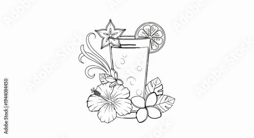 Tall glass with tropical drink, fruit slice, starfruit, hibiscus, and plumeria