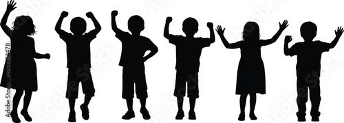 Happy children silhouette set, kids raising hands and celebrating together, playful boys and girls active poses, childhood fun concept