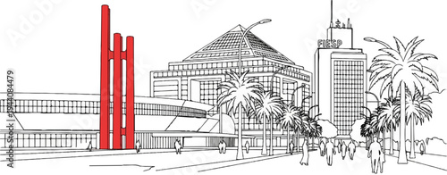 Red pillars stand before a modernist building and palm trees line a busy street