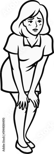 Line art of a worried woman clutching her knees in a distressed pose