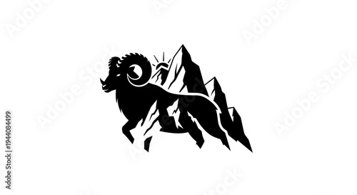 Ram silhouette with mountains and sun