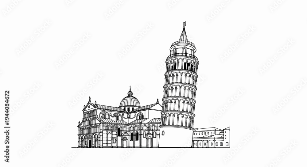 Fototapeta premium Line drawing sketch of the Leaning Tower of Pisa and adjacent cathedral