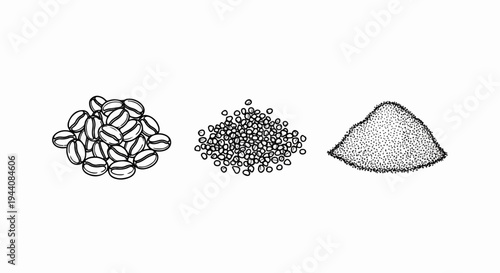 Three piles of coffee beans whole, ground, and powdered