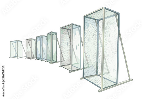 Row of transparent shower cabins in increasing size, some with water droplets