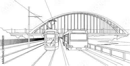 Line drawing of a tram and bus on parallel tracks under an arched bridge