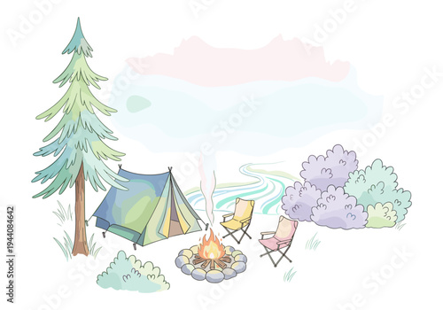 Cozy campsite scene with a tent, campfire, and chairs under a pine tree