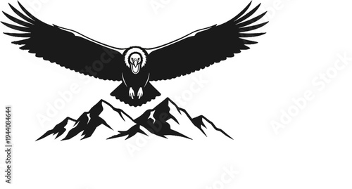 Stylized black bird with outstretched wings soars above jagged mountain peaks