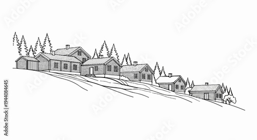 Line drawing of a village with wooden houses nestled on a slope amidst trees