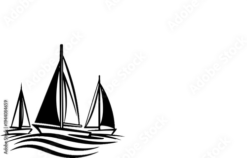 Three sailboats with dark sails glide across stylized waves