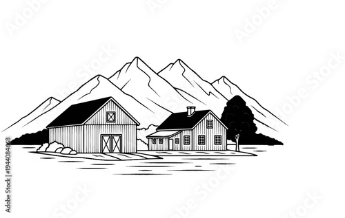 Rustic farm scene with barn, house, and tree against majestic mountains
