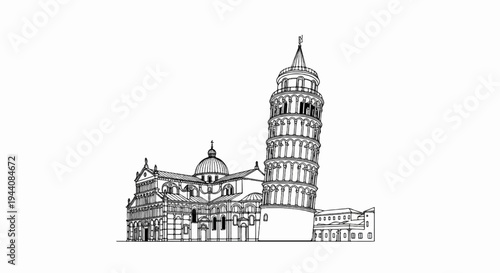 Line drawing sketch of the Leaning Tower of Pisa and adjacent cathedral